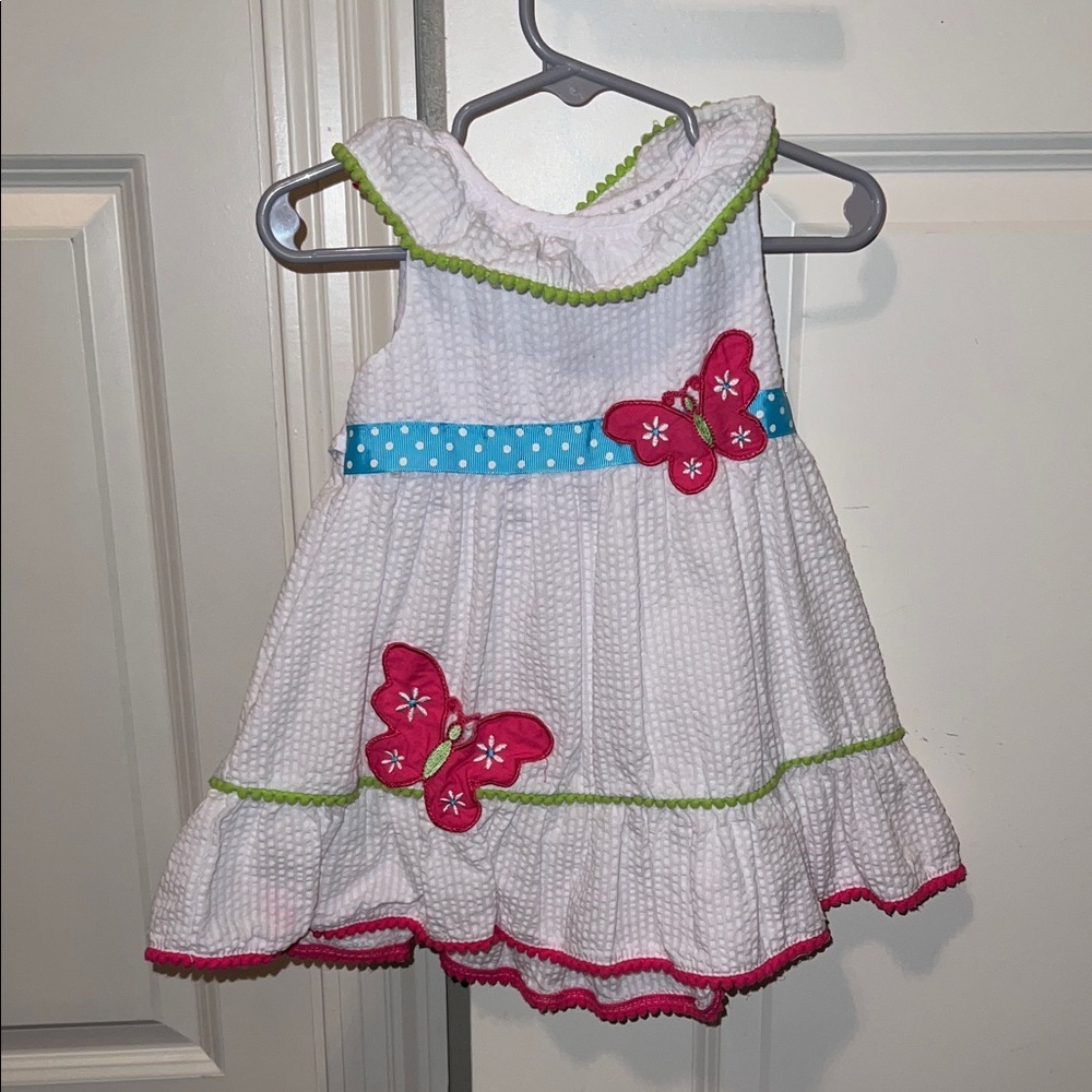 Rare Editions White Seersucker Dress with Pink Butterfly Accents Size 12M